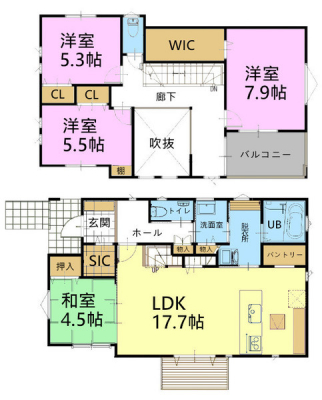 間取り図　4LDKの魅力的な間取り！LDKはゆったりとした空間で家族とリラックスして過ごせそうです！収納も豊富なので荷物も沢山収納出来ます。便利な設備満載のお部屋で暮らしも充実したものになりそう！