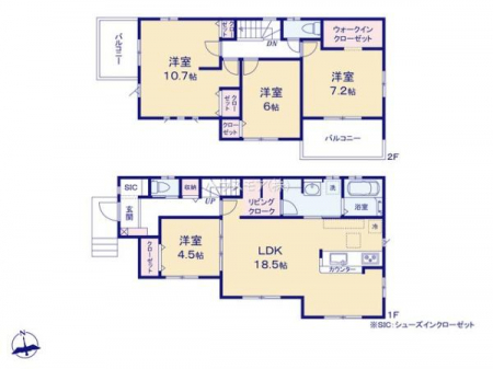 間取り図　4LDKの魅力的な間取り！各部屋広々と使えそうです！
ゆったりとしたお部屋で家族と楽しく暮らせそうですね！2階の洋室を間仕切りすれば間取変更可能！