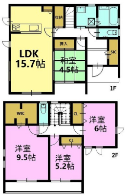 間取り図　４LDKの魅力的な物件です！
LDKは15.7帖！家族が集まる居心地のいい空間に。
全居室収納付きで、ウォークインクローゼットもあって荷物が多い方も安心。