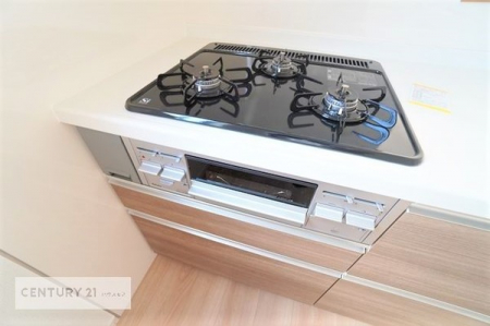 キッチン　木目調のオシャレなシステムキッチン！嬉しい食器洗浄乾燥機付きで家事もスムーズになりそうです！
3口コンロなので、同時に調理が出来ます！朝のお弁当作りも捗りそうです。
