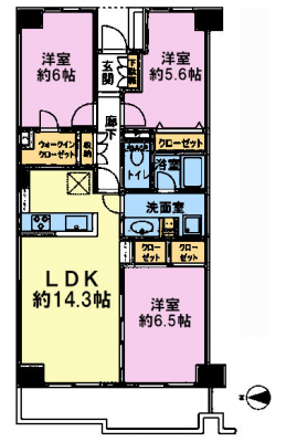 間取り図　3LDKの魅力的な間取り！全居室収納付きで荷物をばっちり収納。広々とゆとりあるLDKはテーブルやソファを置いても余裕があります。オシャレな空間で家族とのコミュニケーションも増えそうです！